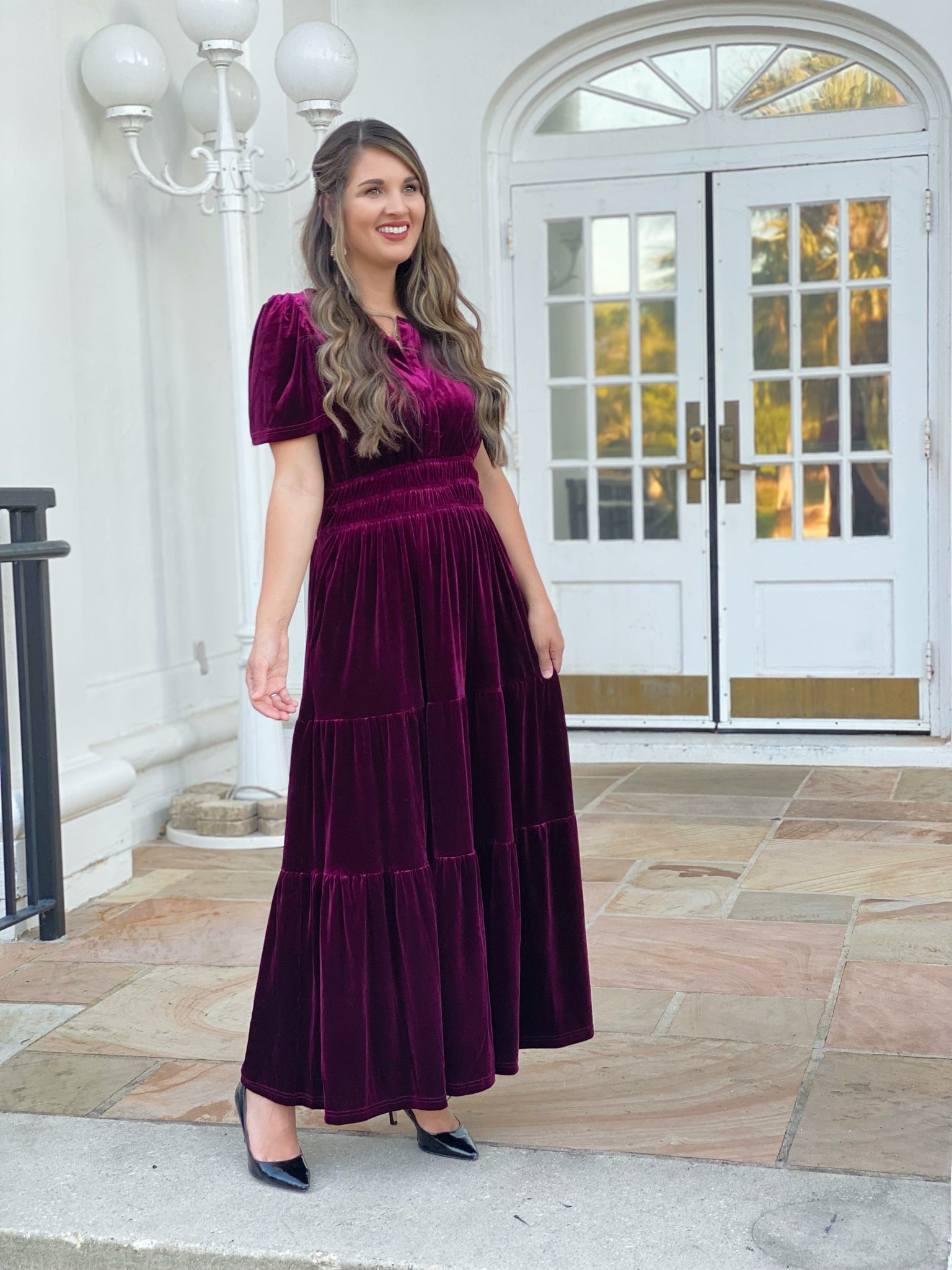 wine colored holiday dress Jdlsppl Women's Long Sleeve Dresses Holiday Sundress Fall Midi Casual High Waist V Neck Chiffon Summer Dress Burgundy 4-6